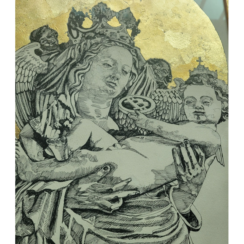 Madonna with Child Holding Bitcoin by Ariel Birdie